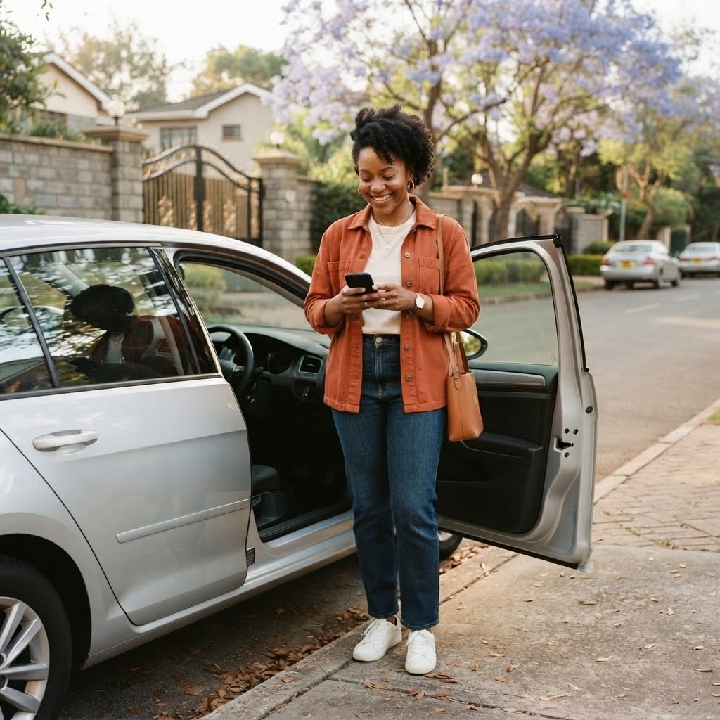 A woman checking her phone beside an open car door