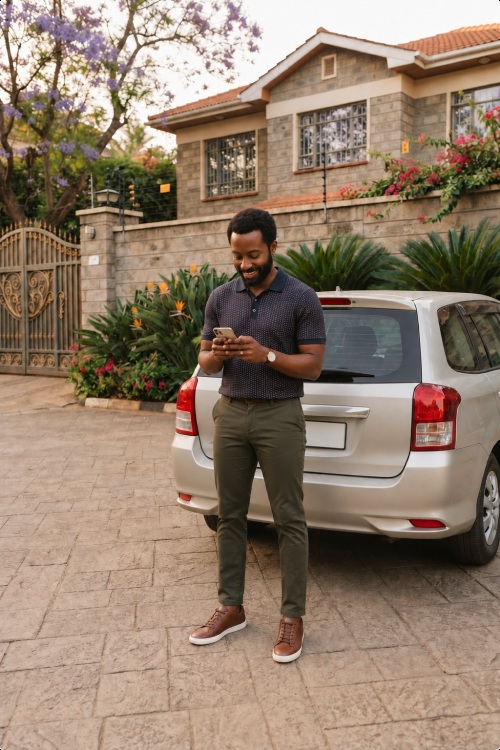 A man standing behind a car, looking at his phone