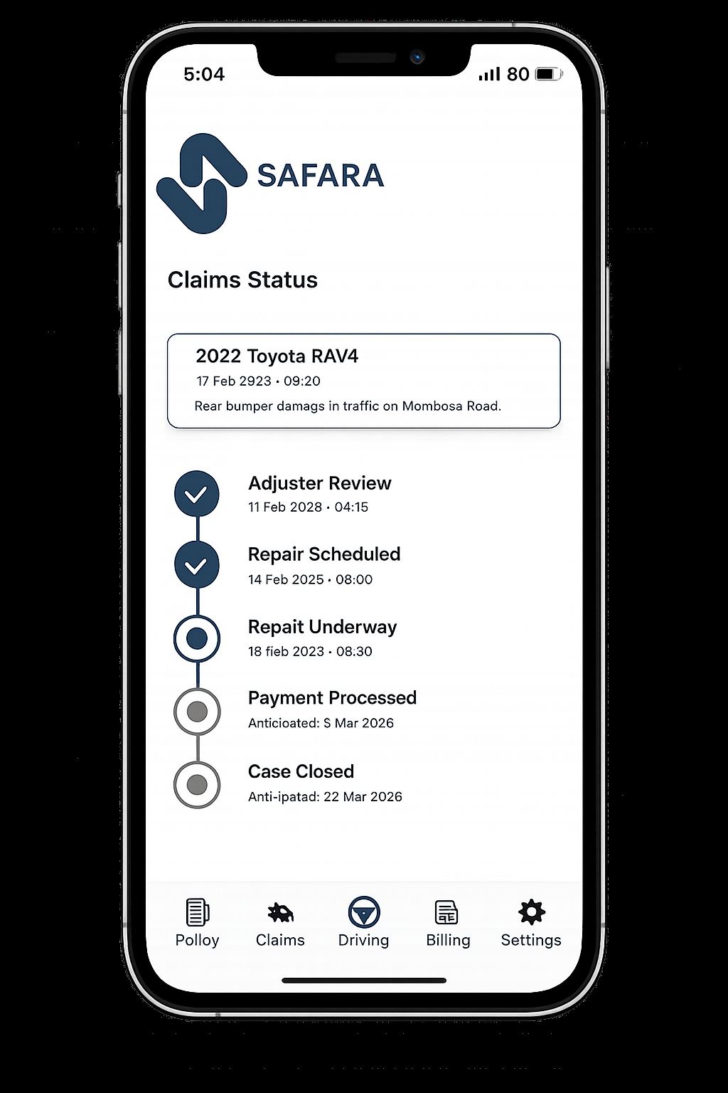 The Safara app showing a claim in progress