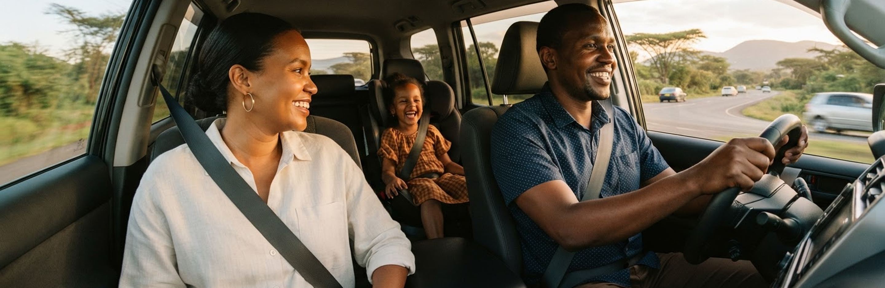 A family driving together on a Kenyan road