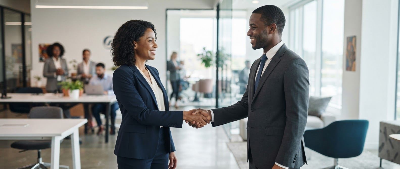 Two people shaking hands across a table