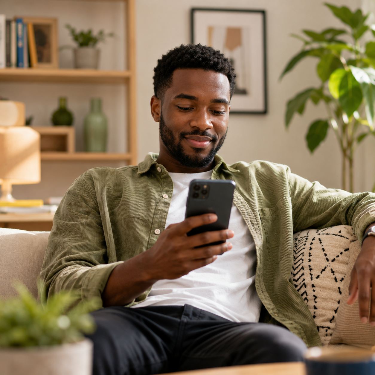A man smiling at his phone