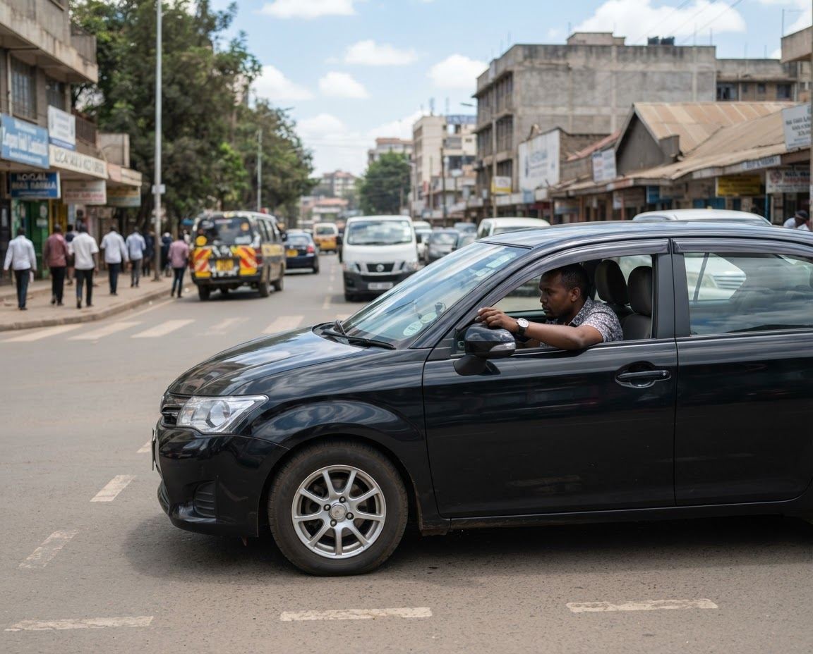 A driver in a dark car on a city street