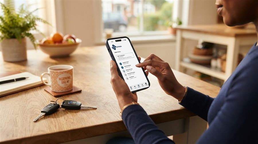 A driver reviewing a quote on a phone, car keys on the table